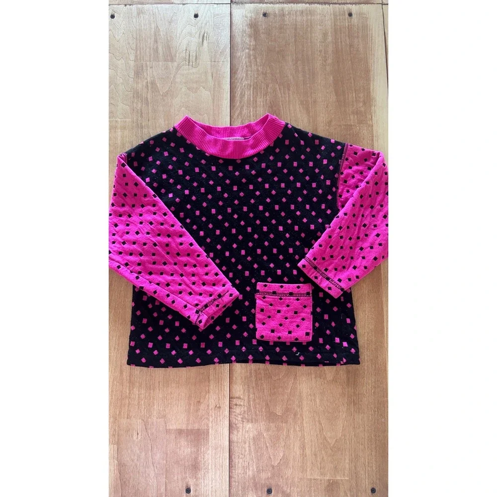 Miniwaves Vintage‎ Kids Neon Pink Black Diamond Knit Sweater Made in USA Size 6X